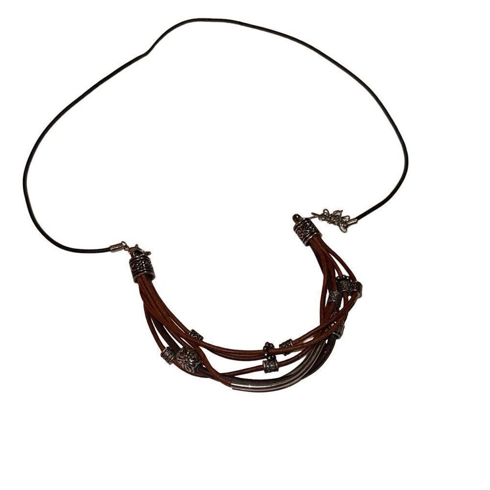 "New" Handmade Brown Silver-tone Multi-strand Leather Boho Necklace Unisex OS